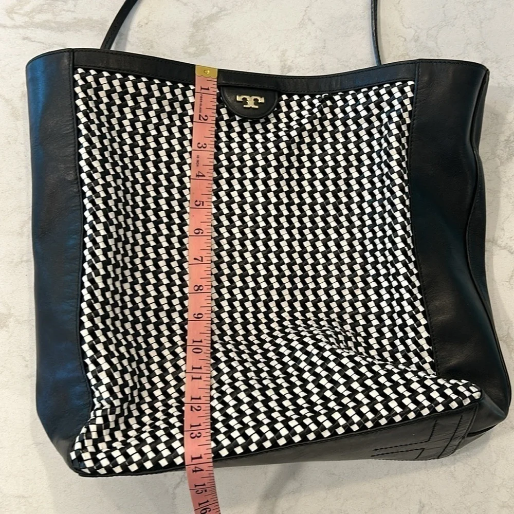 Tory Burch Erica Black/White Leather Woven Large Tote
